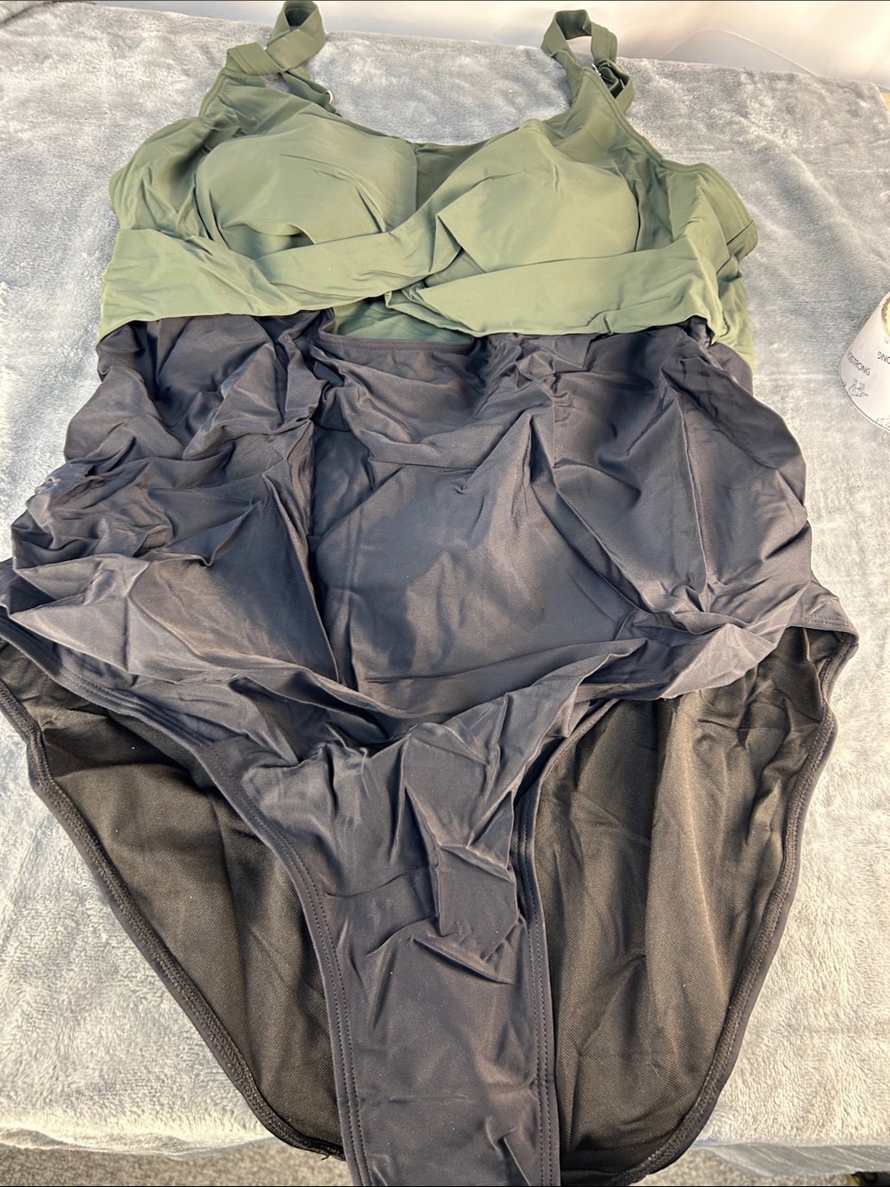 Two-Tone Olive Green and Black One-Piece Swimsuit